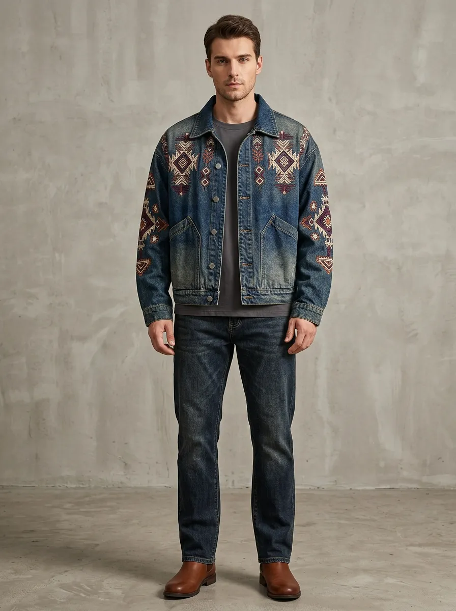 Men's Aztec Geometric Printed Denim Jacket