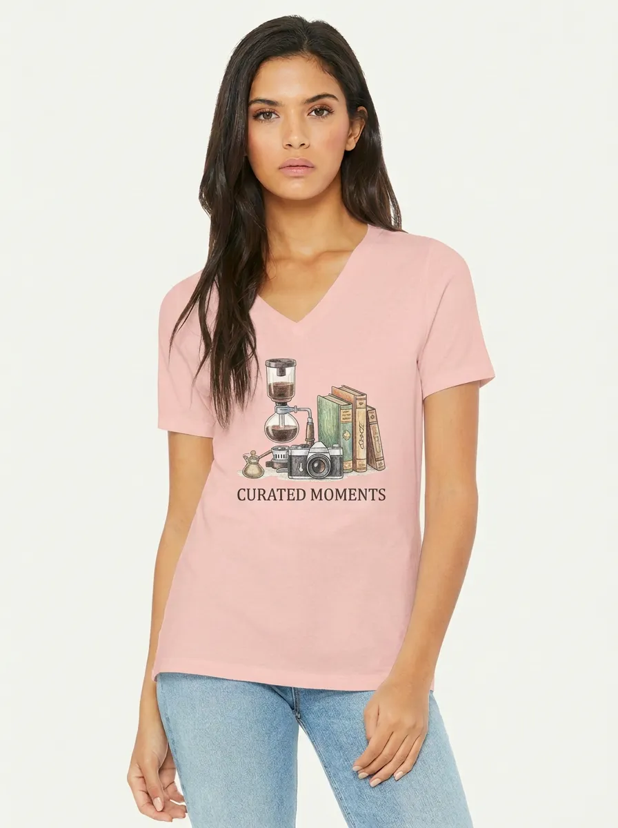 Women's Coffee Camera Book Curated Moments Graphic V-Neck T-Shirt