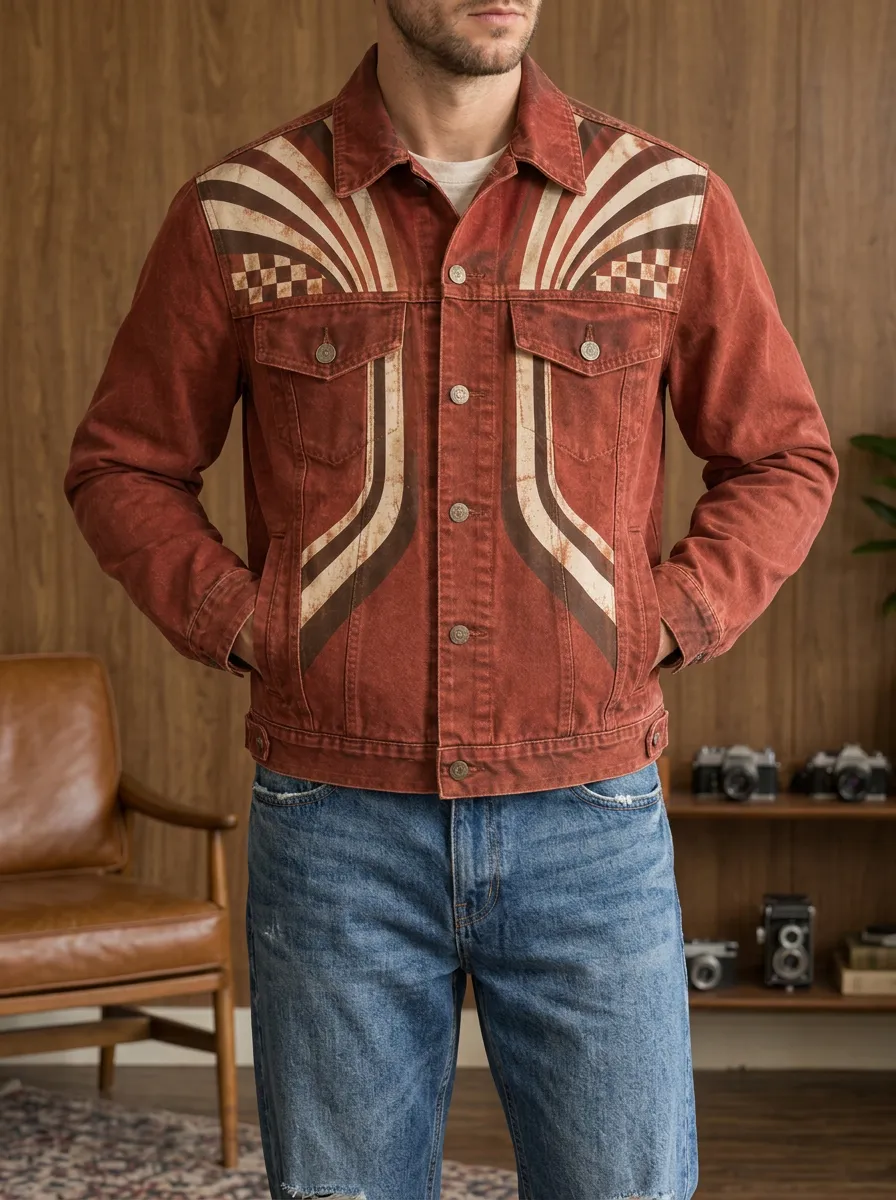 Men's Vintage Retro Sunburst Checkerboard Printed Denim Jacket