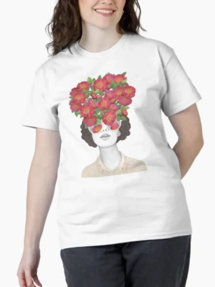 Women's fitted surreal floral print short-sleeved round-neck T-shirt