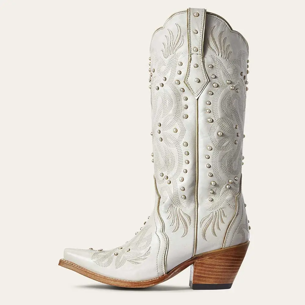 Faux-Leather Embroidered Snip-Toe Chunky-Heel Mid-Calf Boots