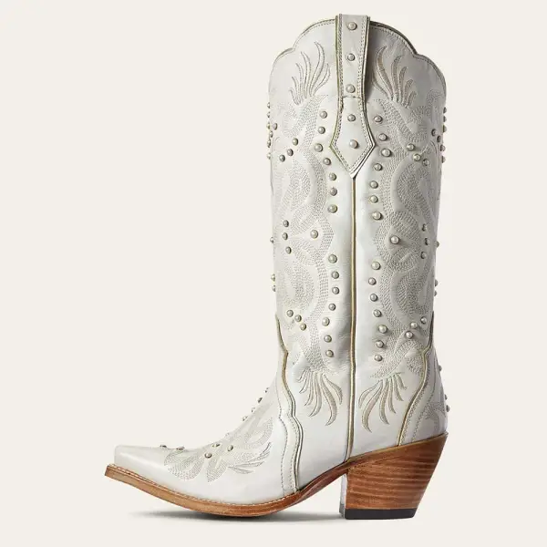 Faux-Leather Embroidered Snip-Toe Chunky-Heel Mid-Calf Boots