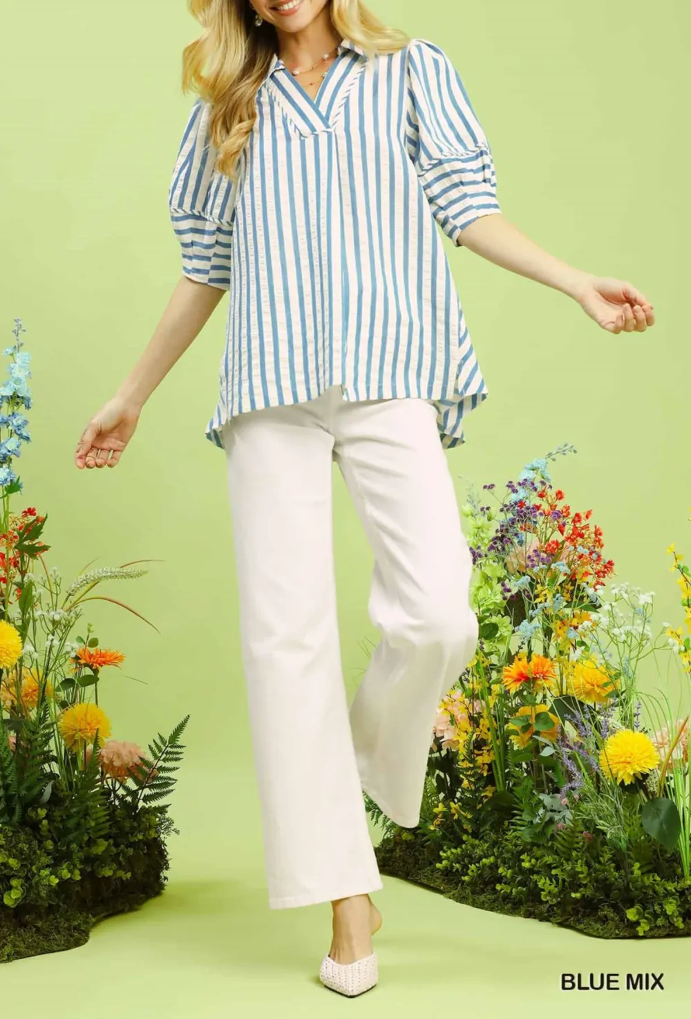 Vertical Stripe Puff Sleeve Wide Collar V-Neck Piping Detail Blouse