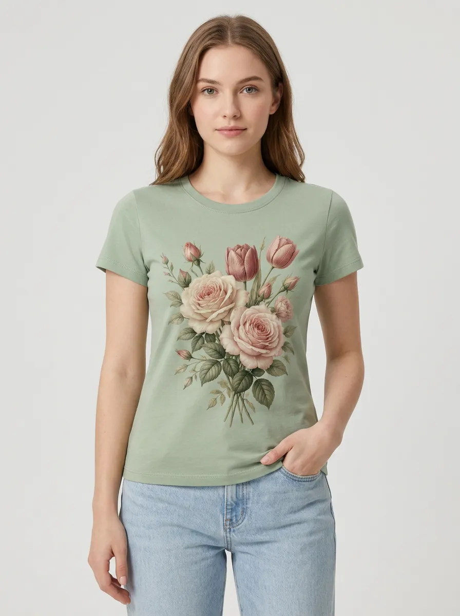 Women's Botanical Rose Tulip Floral Printed T-shirt