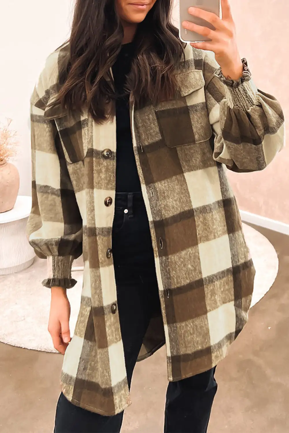 Plaid Flap Pocket Smocked Cuff Shirt Jacket