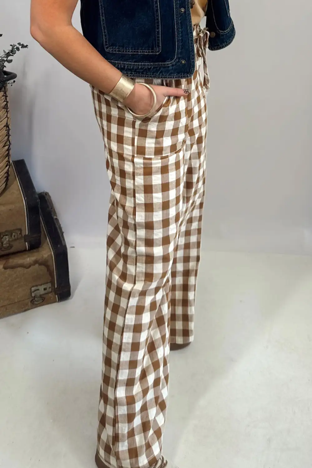 Gingham Plaid Tie Elastic Waist Shift Trousers