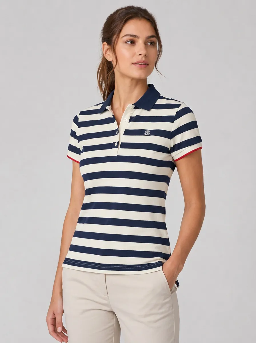 Women's Equestrian Lover Navy Striped Embroidered Three Button Polo Shirt