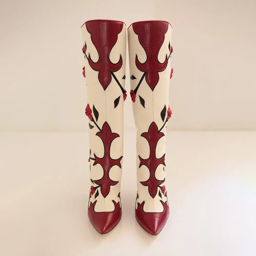 Faux-Leather Zip-Up Pointed-Toe Spool-Heel Knee-High Boots