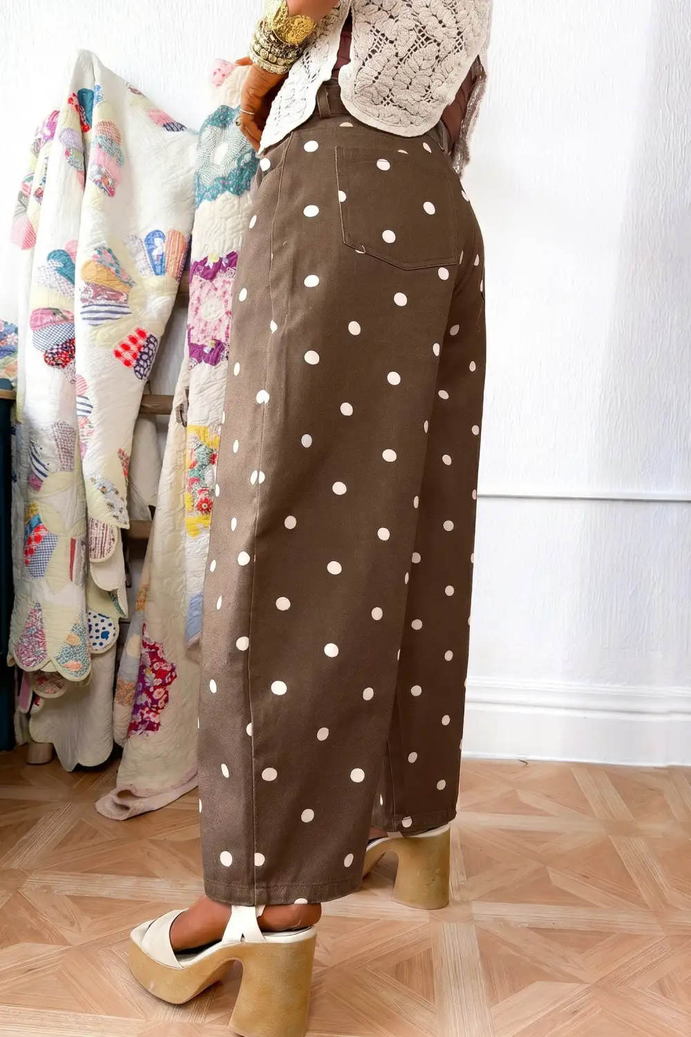 Polka Dot Relaxed Fit Barrel Leg Cropped Casual Jeans