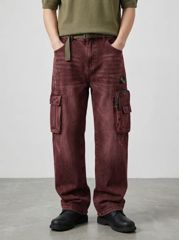 Men's Streetwear Washed Denim Multi-Pocket Cargo Pants