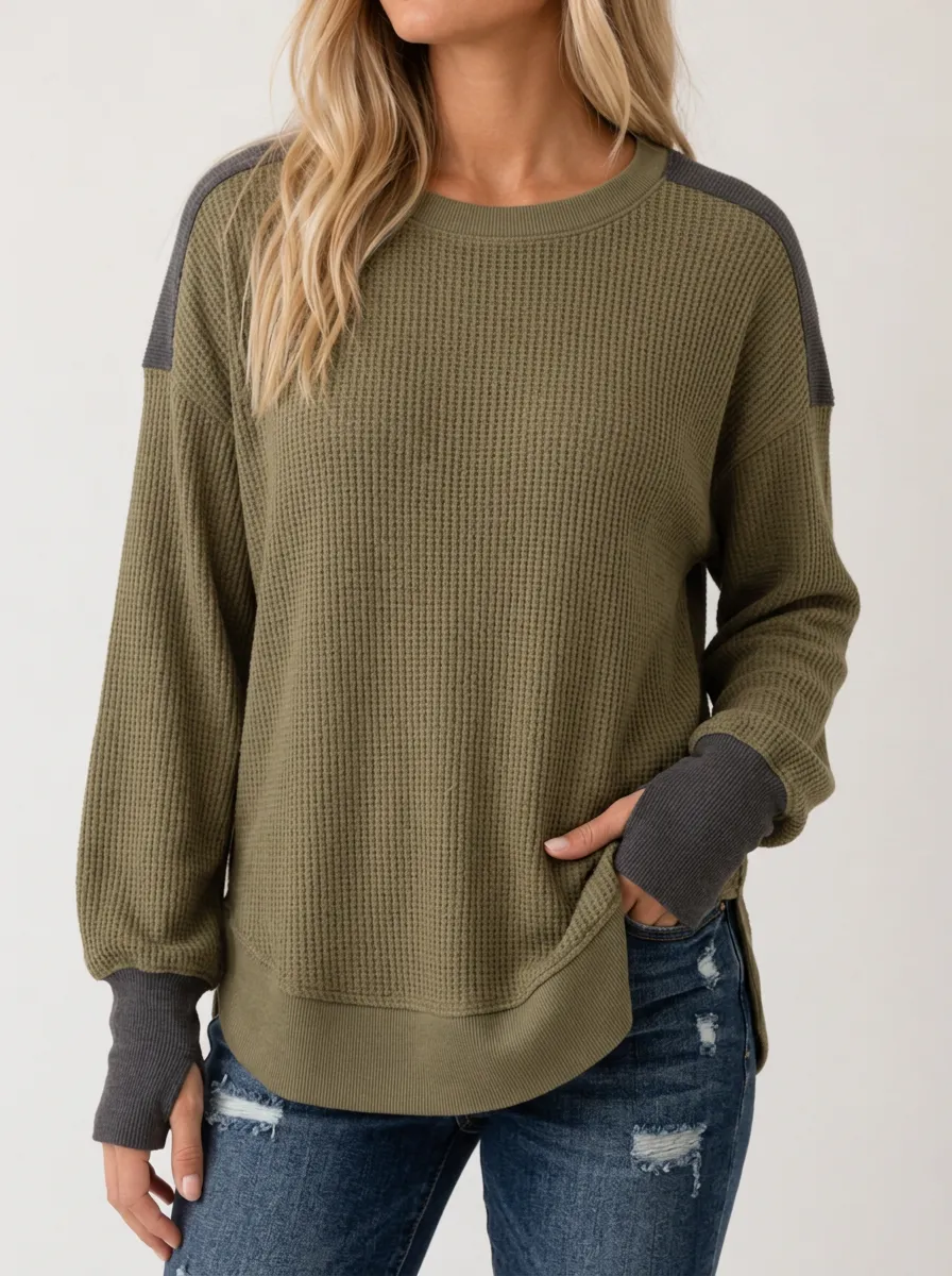 Women's Olive Green Waffle Knit Colorblock Long Sleeve Top