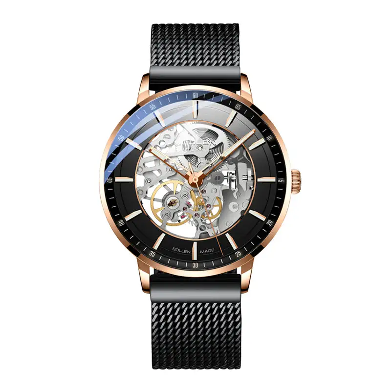 Sollen SL359 Men's Open Heart Full Skeleton Automatic Mechanical Watch - 42mm Stainless Steel Case Slim 9.9mm Luminous Markers Mesh Bracelet Wristwatch