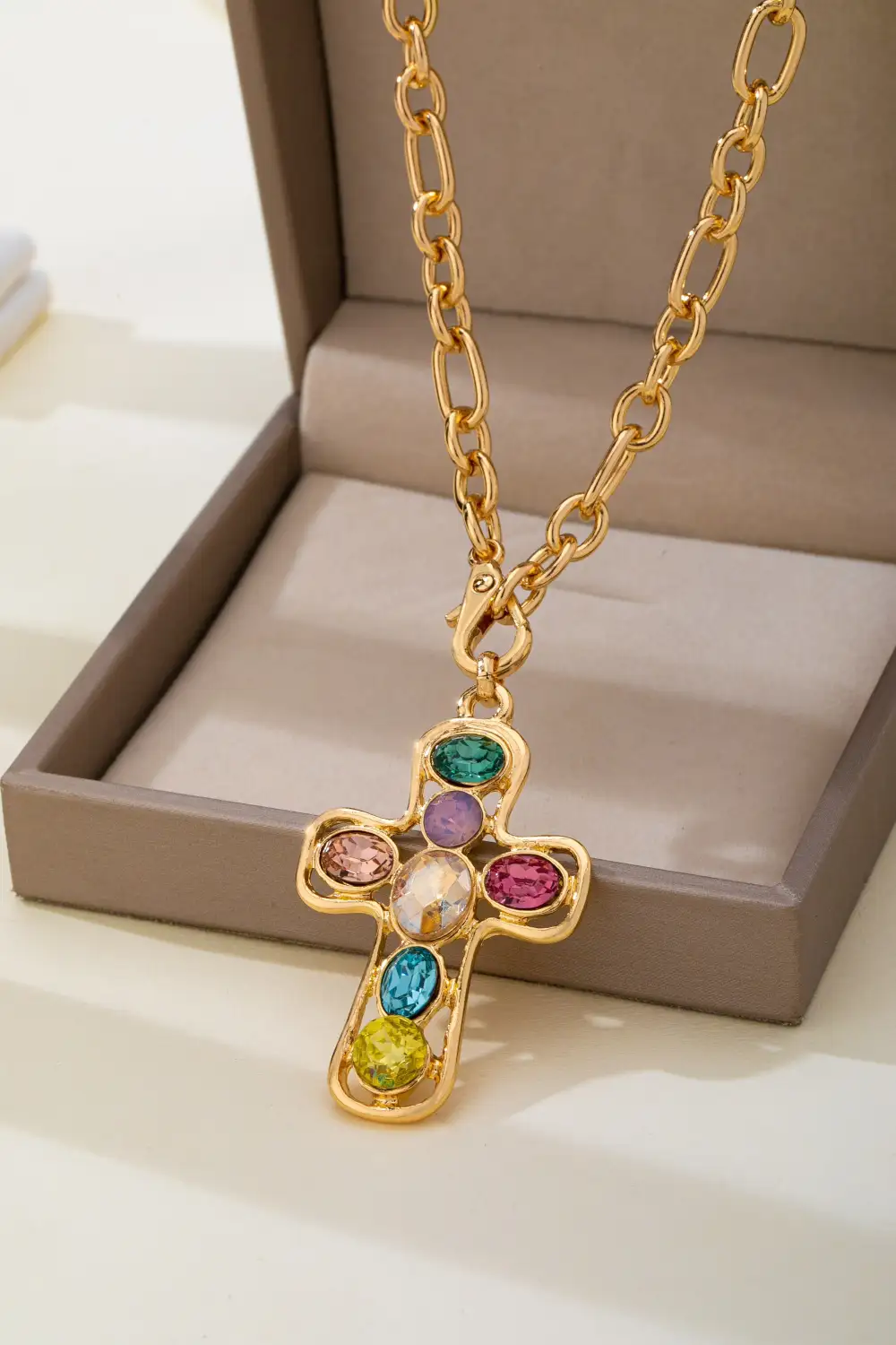 Multi Colored Crystal Cross Necklace