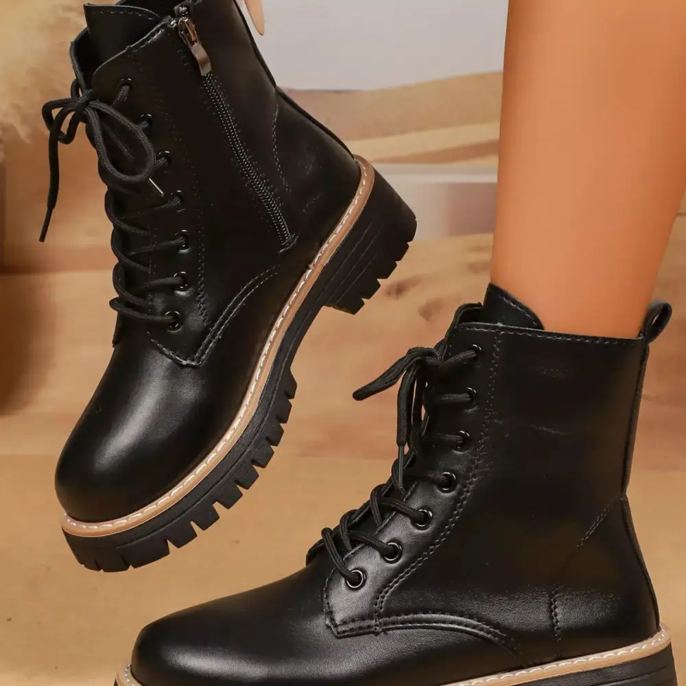 Textured Lace-Up Platform Boots