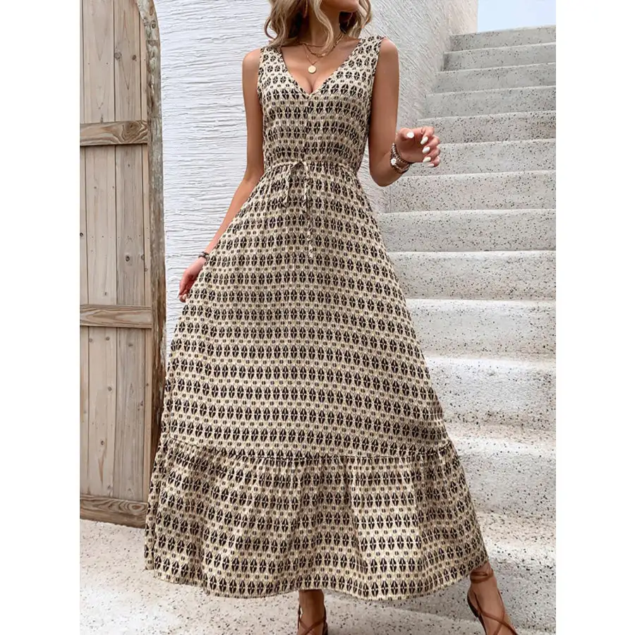 Printed V-neck Tie Waist Midi Dress