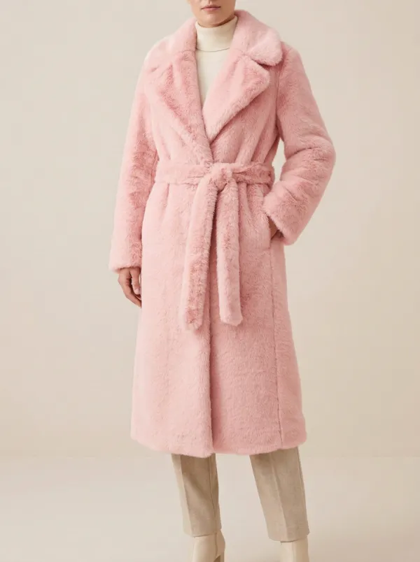 Side Pockets Solid Faux Fur Belted Coat