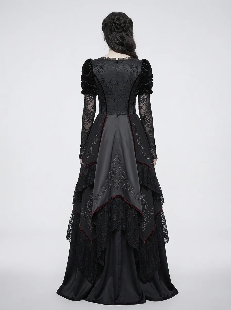 Dark Romantic Victorian Lace Embroidered Alternative Look Women's Gothic Dress