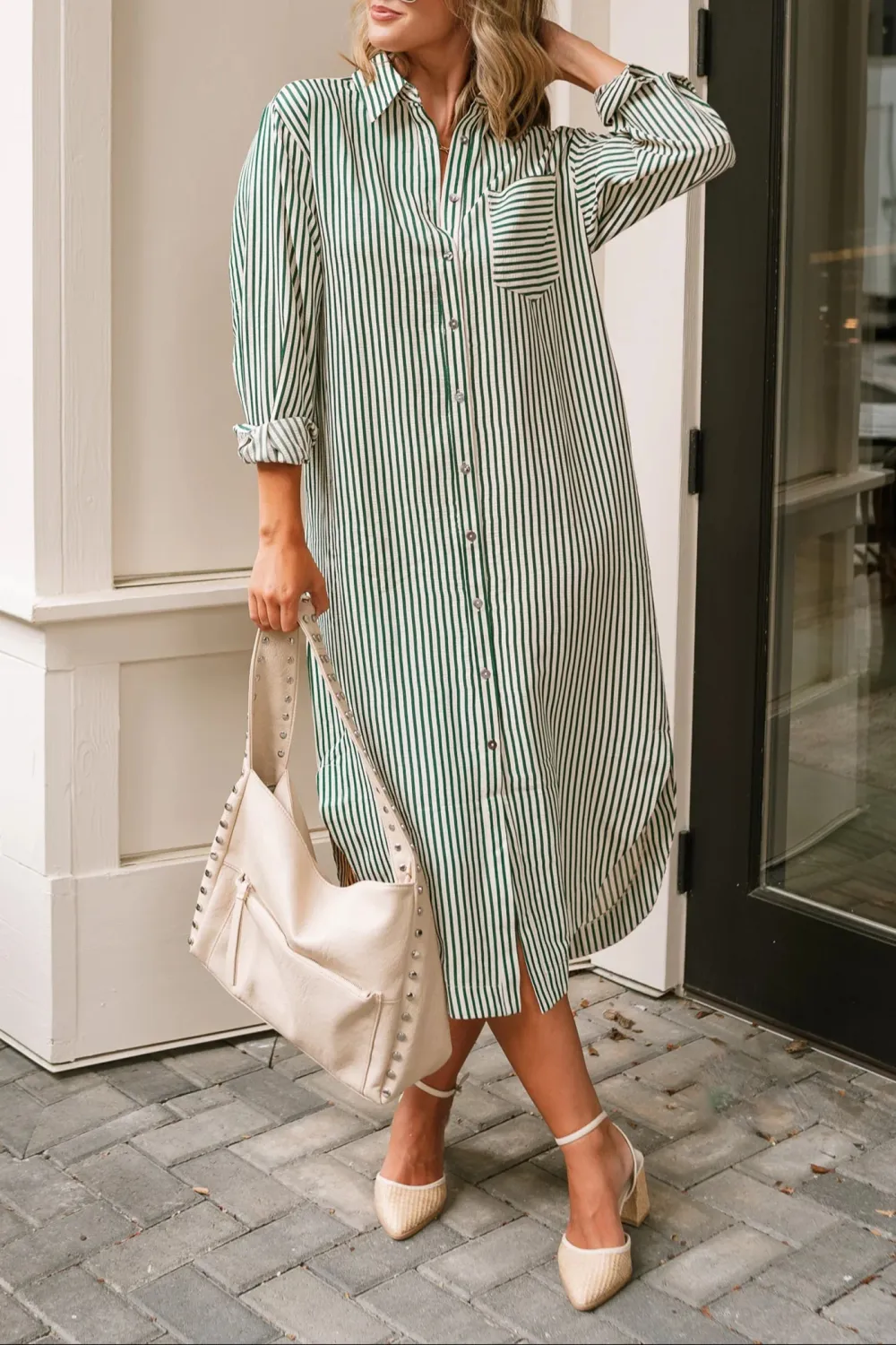 Striped Button Up Long Sleeve Dress