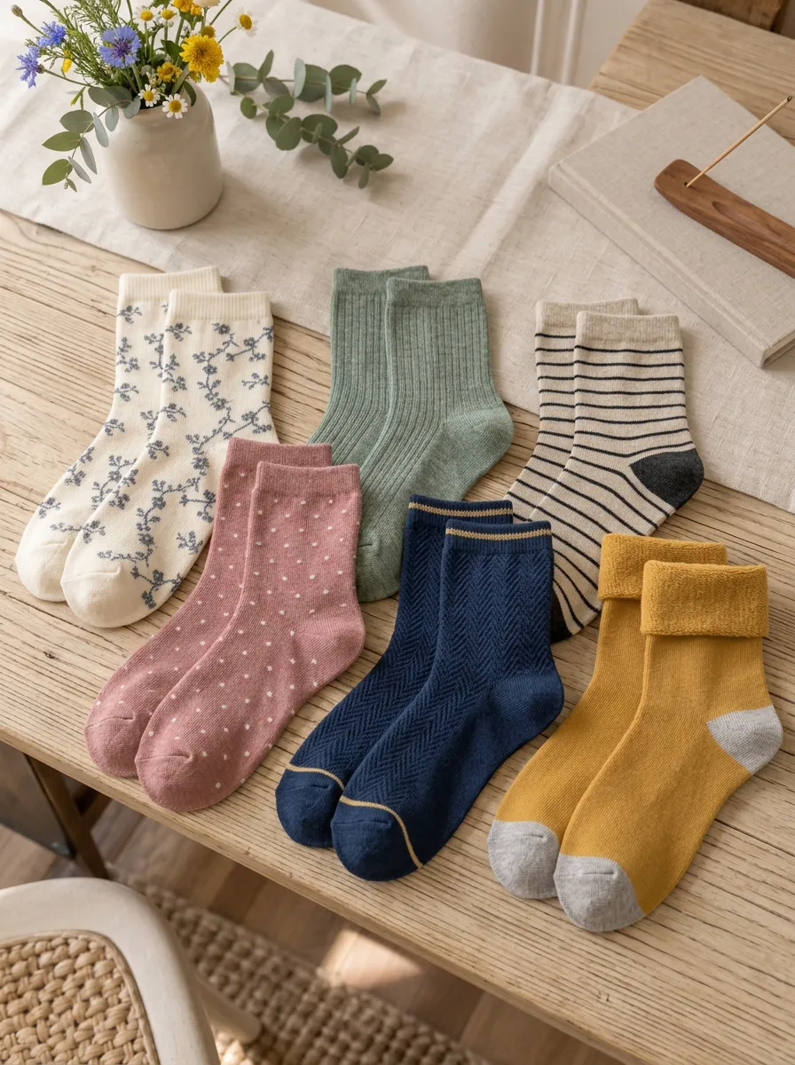 Women's Assorted Floral Polka Dot Herringbone Ribbed Striped Contrast Detail Vintage-Inspired 6-Pack Crew Sock Set