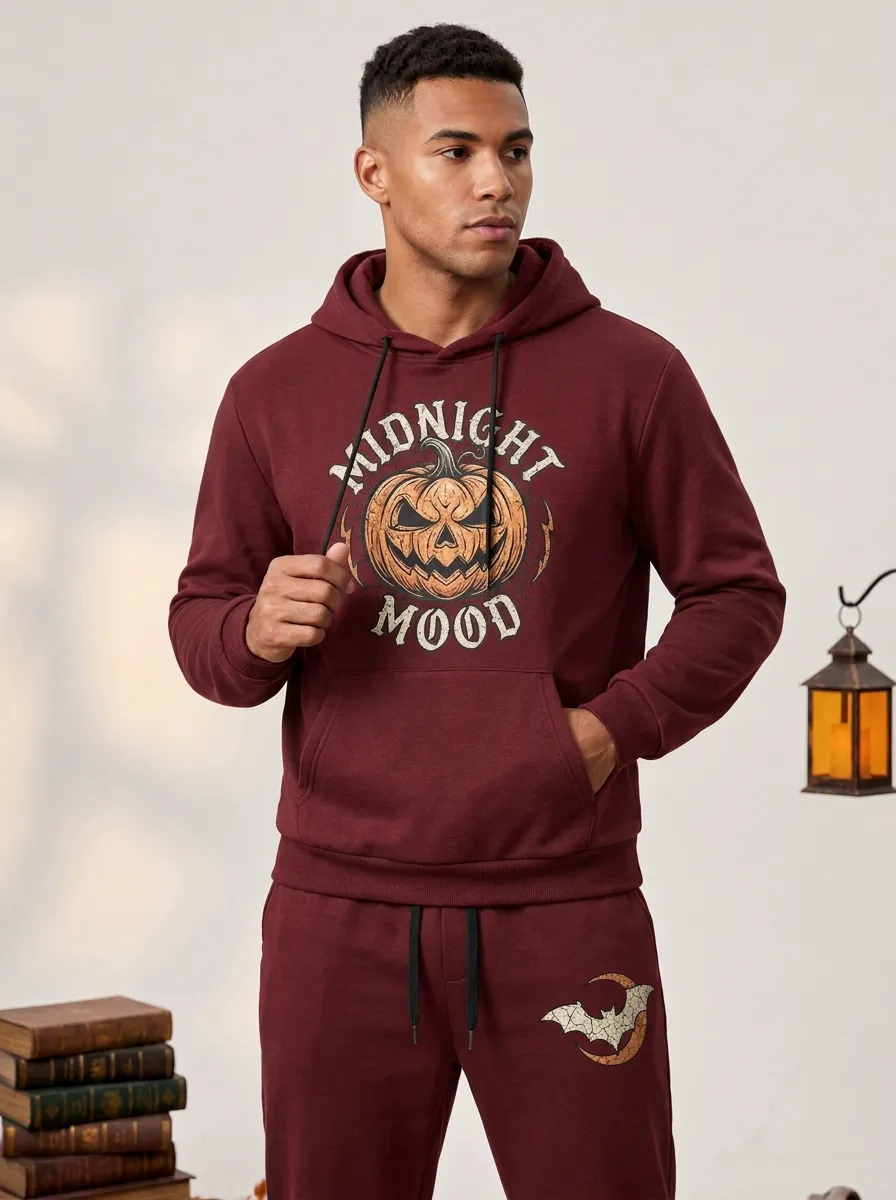 Men's Halloween Midnight Mood Pumpkin Bat Printed Tracksuit