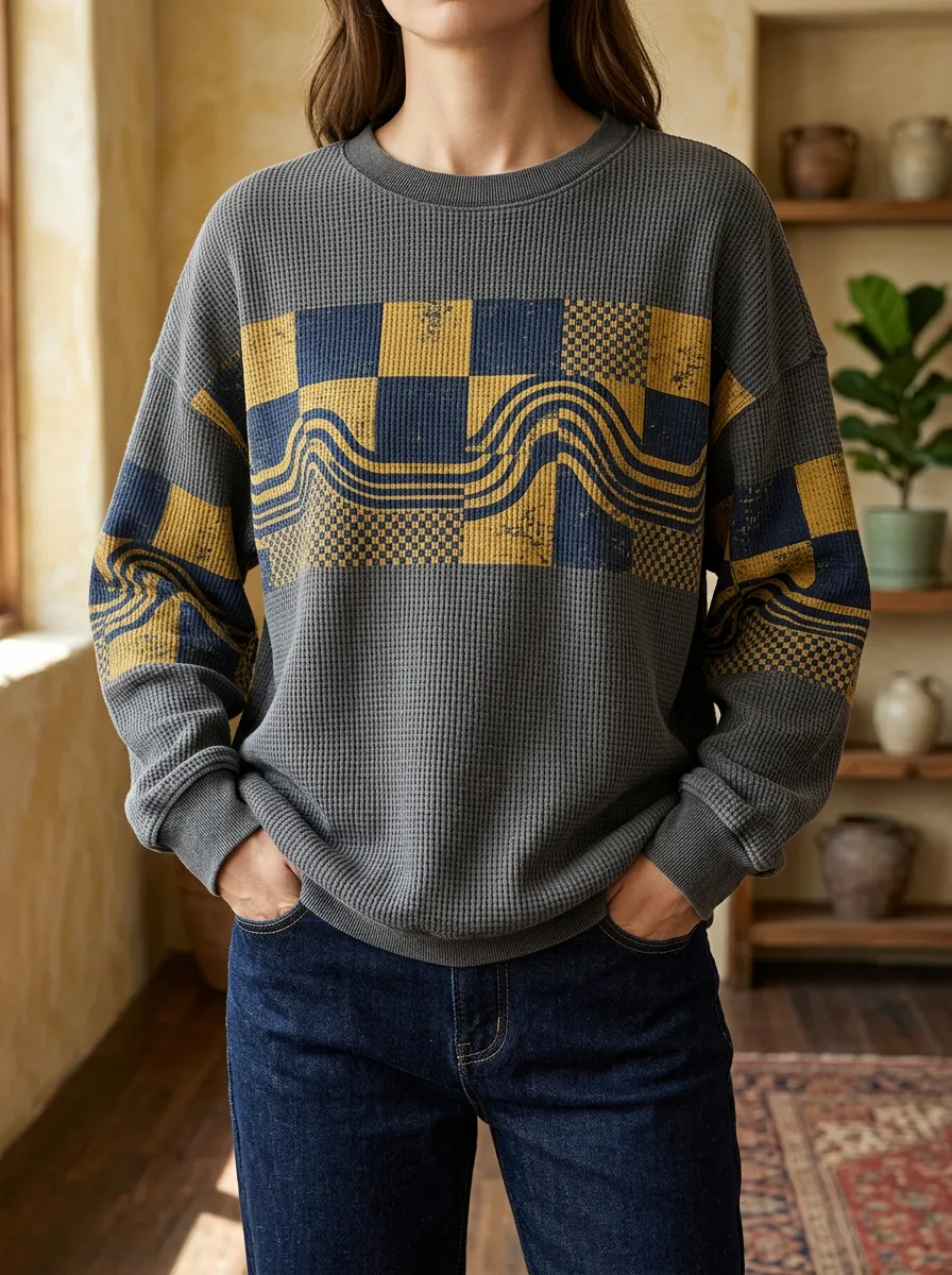 Women's Geometric Wave Pattern Printed Waffle Knit Sweatshirt
