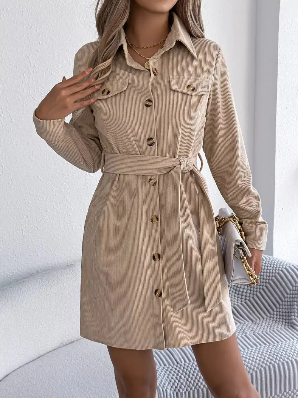Structured Shape Corduroy Button Front Shirt Dress