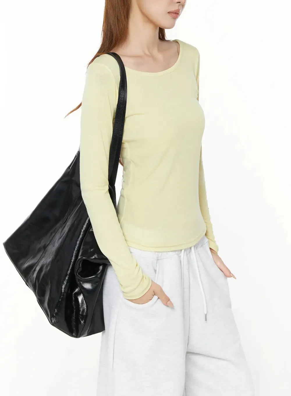 Ribbed U-Neck Long Sleeve Top