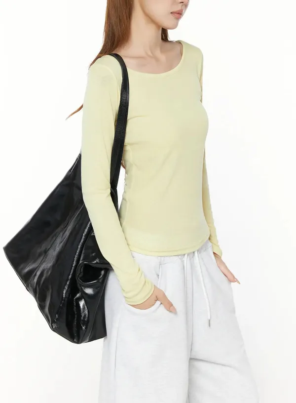 Ribbed U-Neck Long Sleeve Top