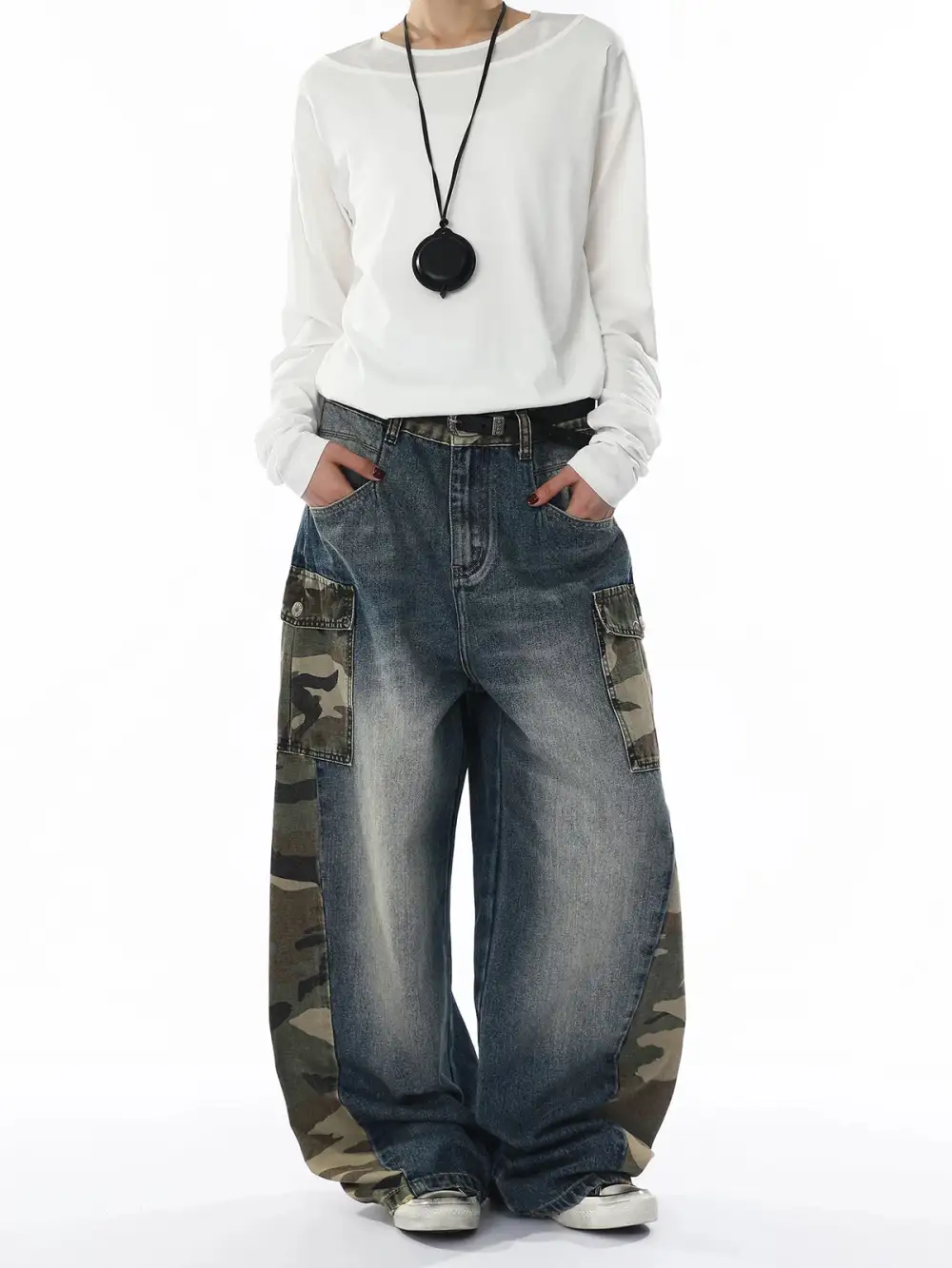 Curved-Cut Camouflage Contrast-Detail Jeans