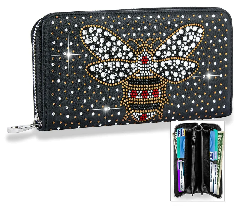 Crystal Accent Bee Motif Faux Leather Accordion Wallet