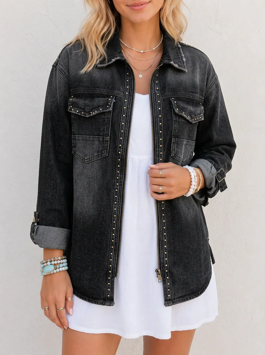 Women's Vintage Black Studded Washed Denim Jacket