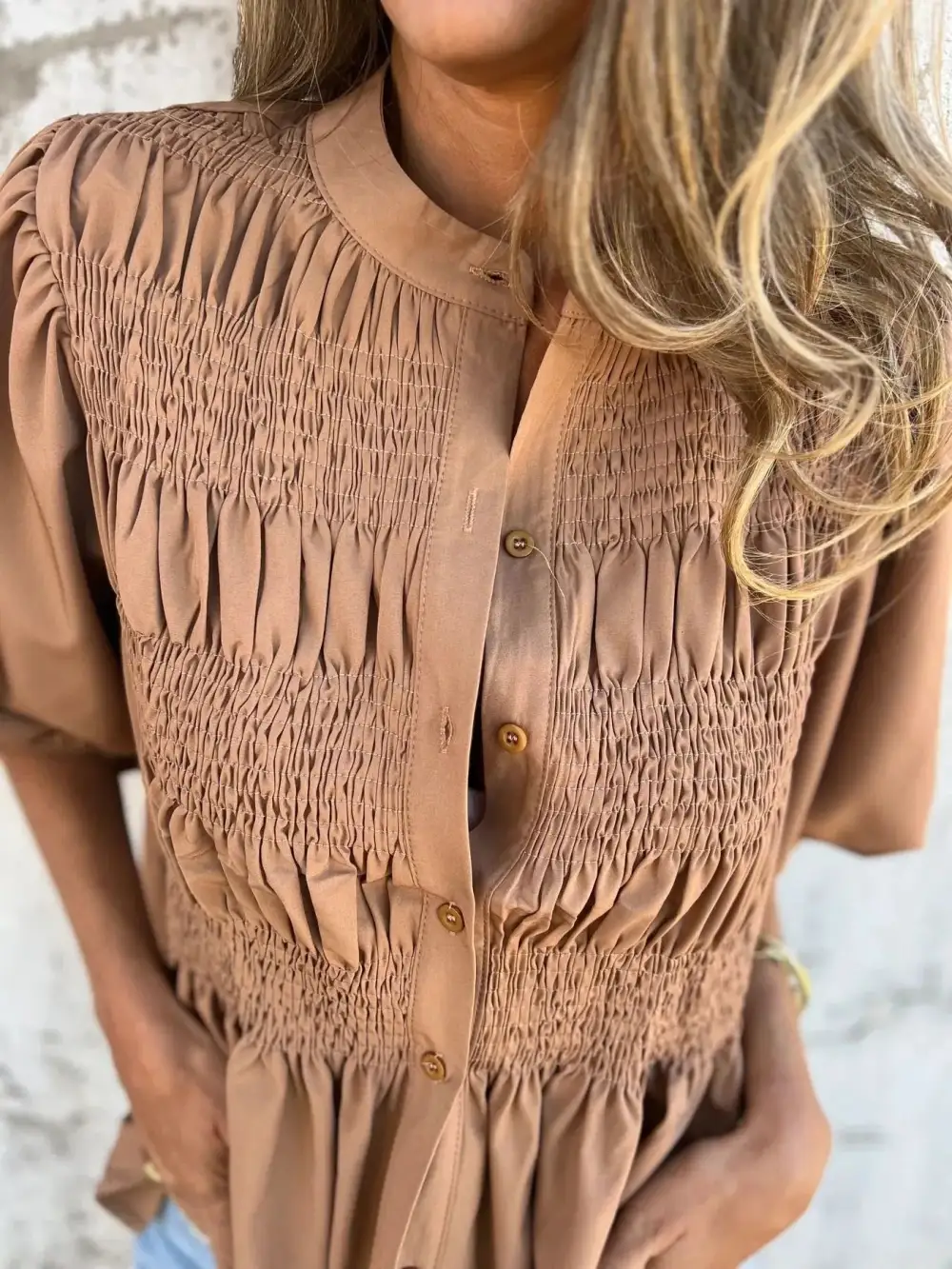 Smocked Puff-Sleeve Buttoned Blouse