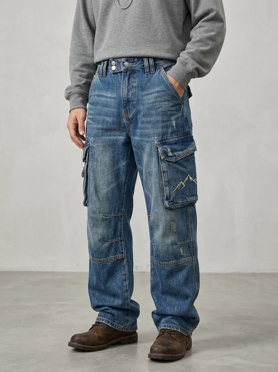 Men's Outdoor Mountain Embroidered Distressed Cargo Pants