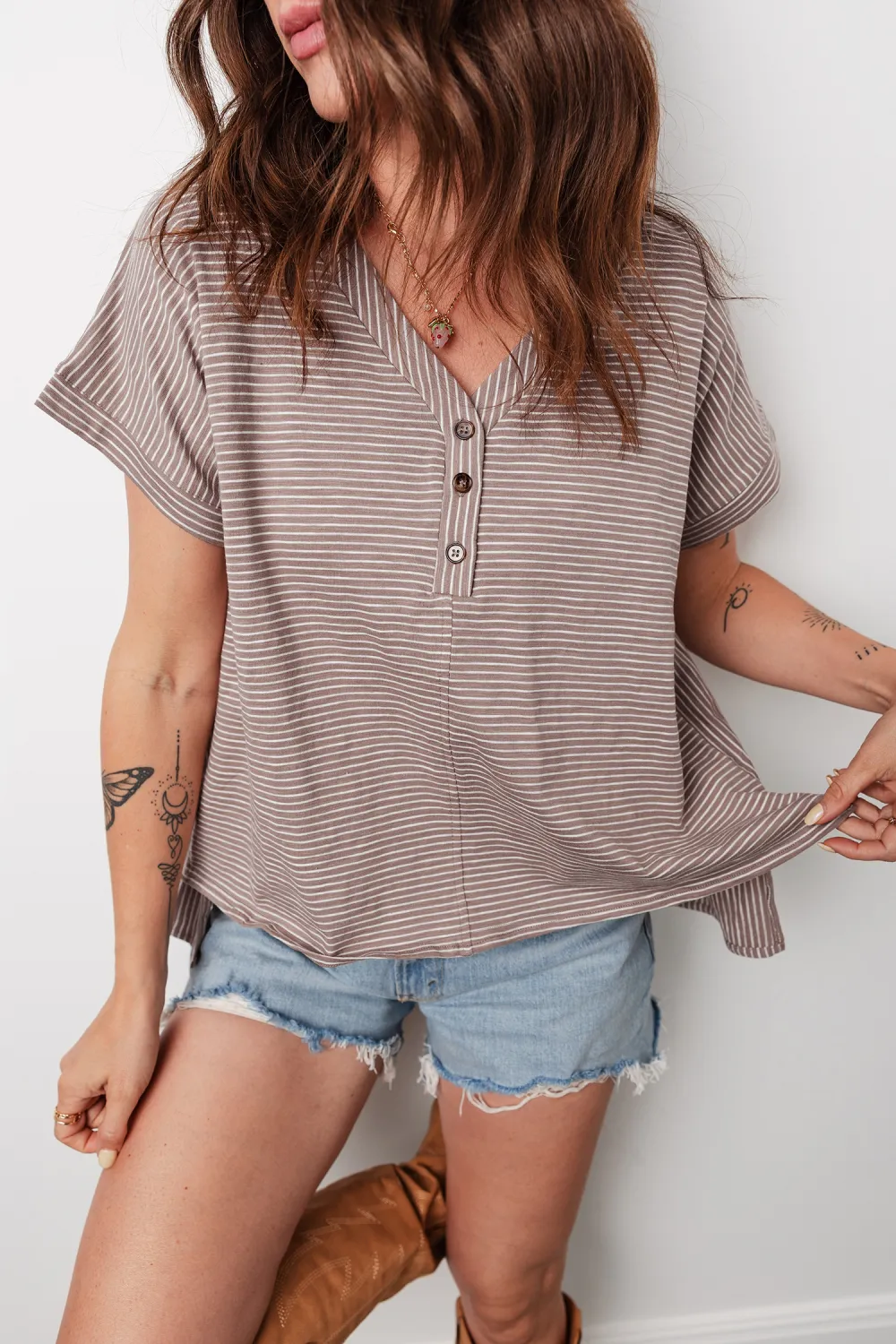 Khaki Stripe Buttoned V Neck Tee
