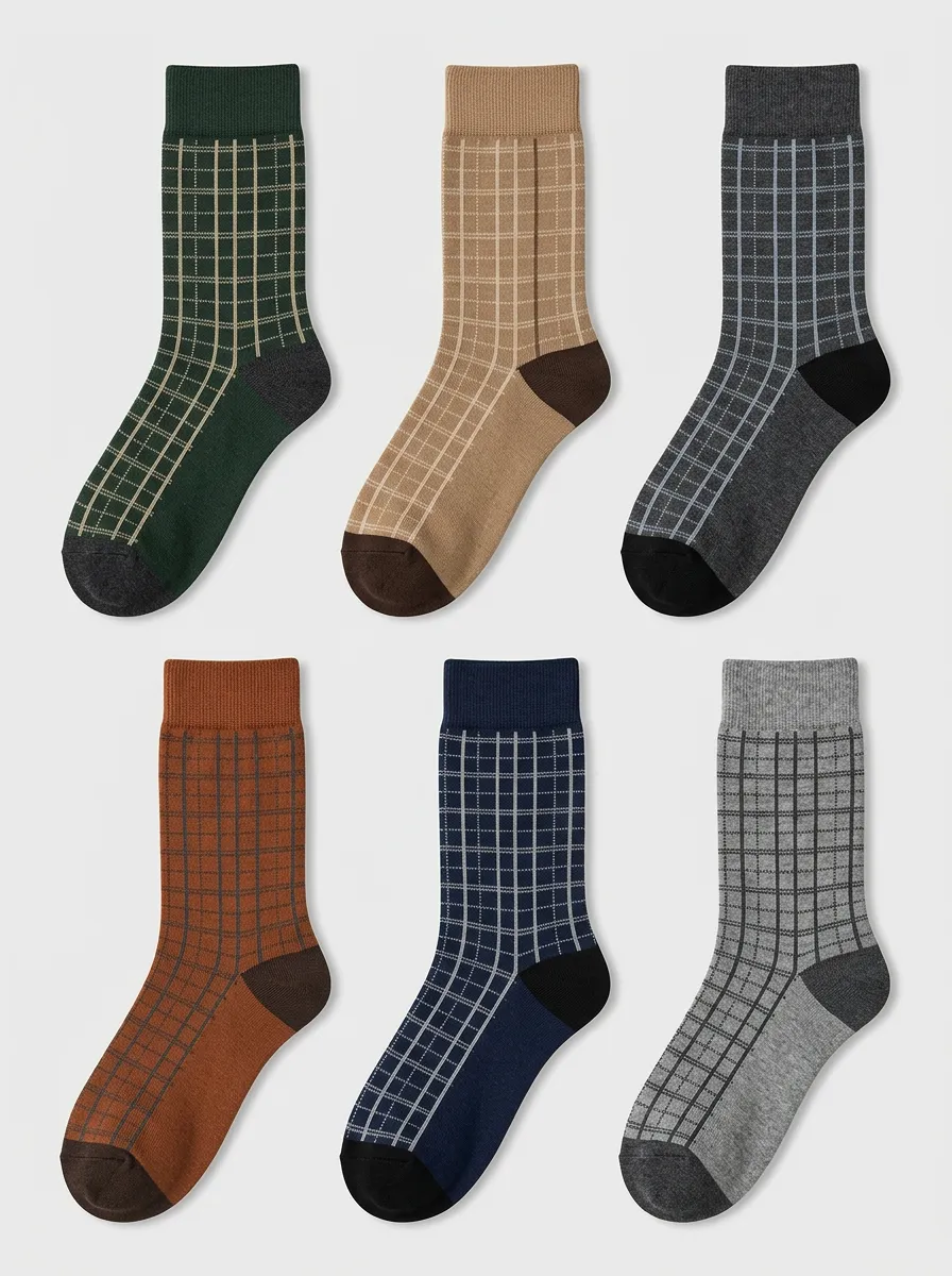 Men's Earth-Tone Plaid Ribbed Crew Socks Multi-Pack