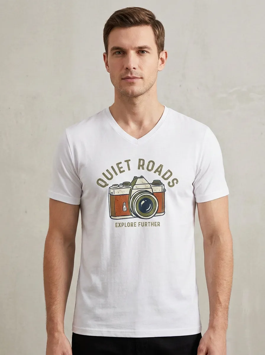 Men's Photography Lover Quiet Roads Camera Printed V-neck T-shirt