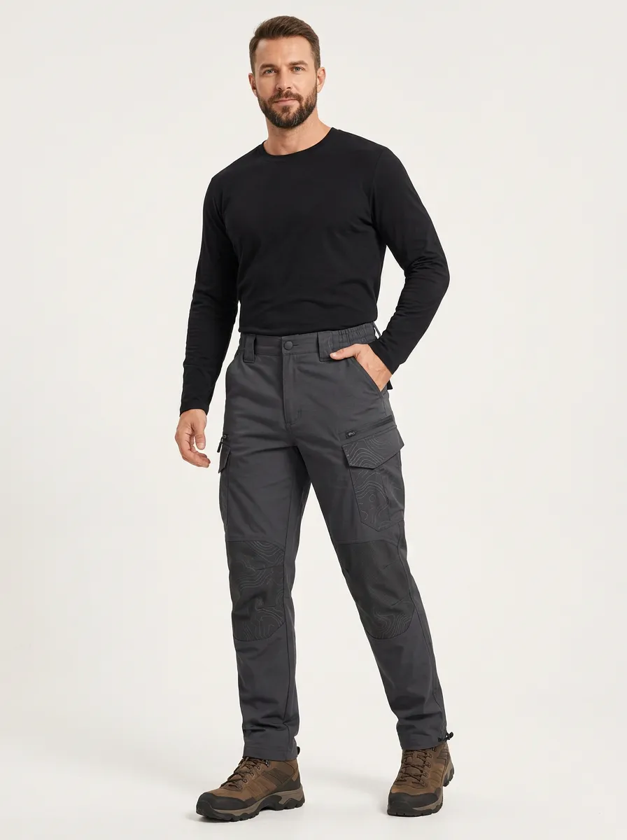 Men's Charcoal Grey Topographic Reinforced Knee Tactical Cargo Pants