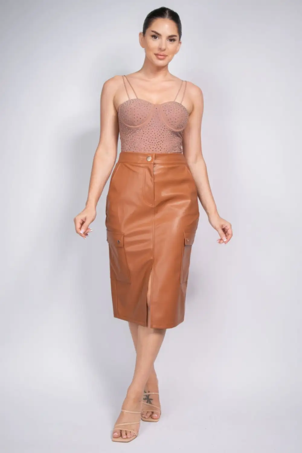 Button Front Faux Leather Skirt