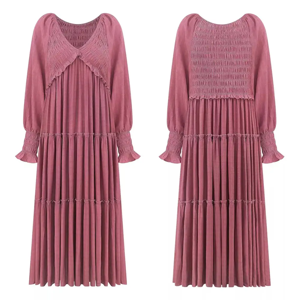 V Neck Tiered Long Sleeve Maxi Dress