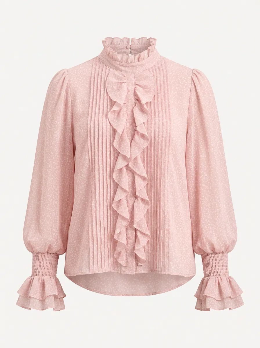 Women's Vintage Floral Ruffle Pleated Printed Blouse