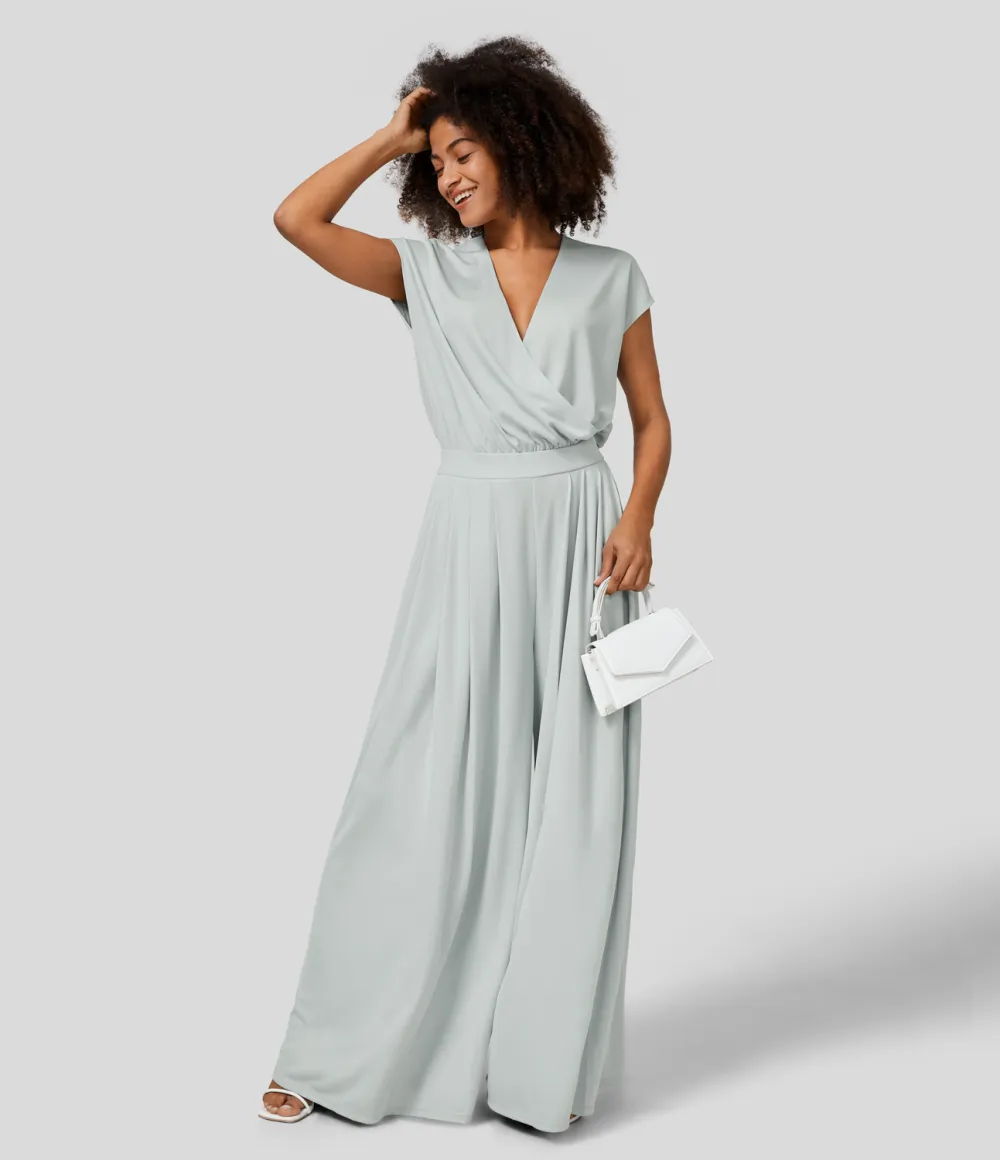 V Neck Short Sleeve Plicated Side Pocket Wide Leg Flowy Waffle Casual Jumpsuit