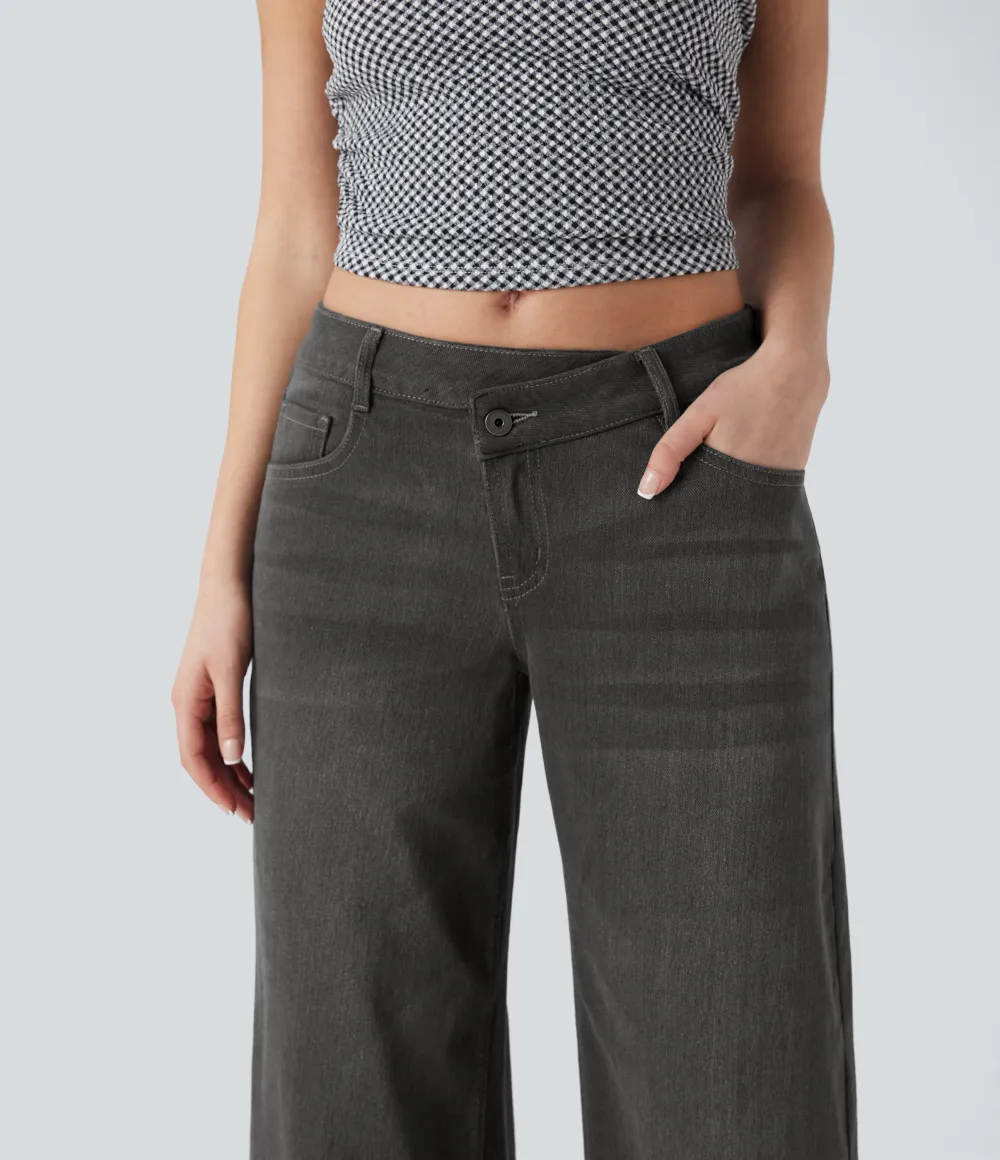 Asymmetric Low Rise Zipper Pockets Baggy Wide Leg Washed Casual Jeans