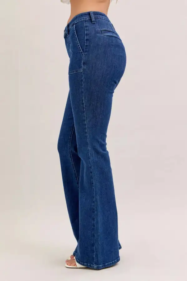 High Waist Flare Leg Pocketed Denim Jeans