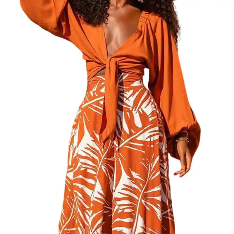 Layered V Neck Long Sleeve Top And Printed Pants Set