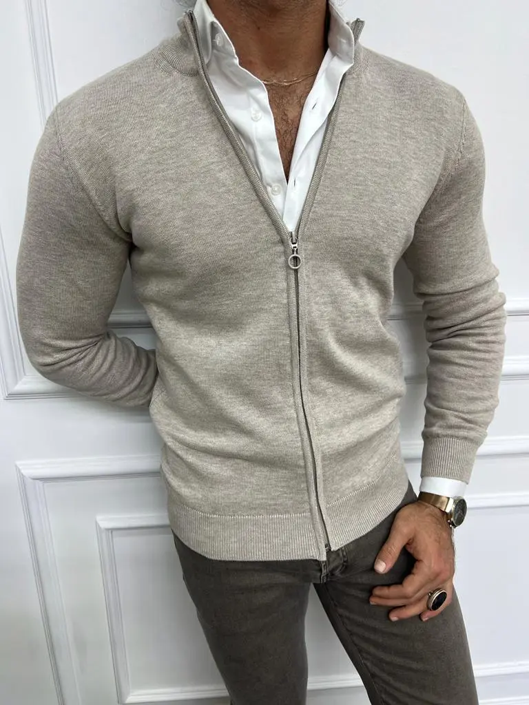 Slim Fit Zip Detail V-Neck Knit Cardigan