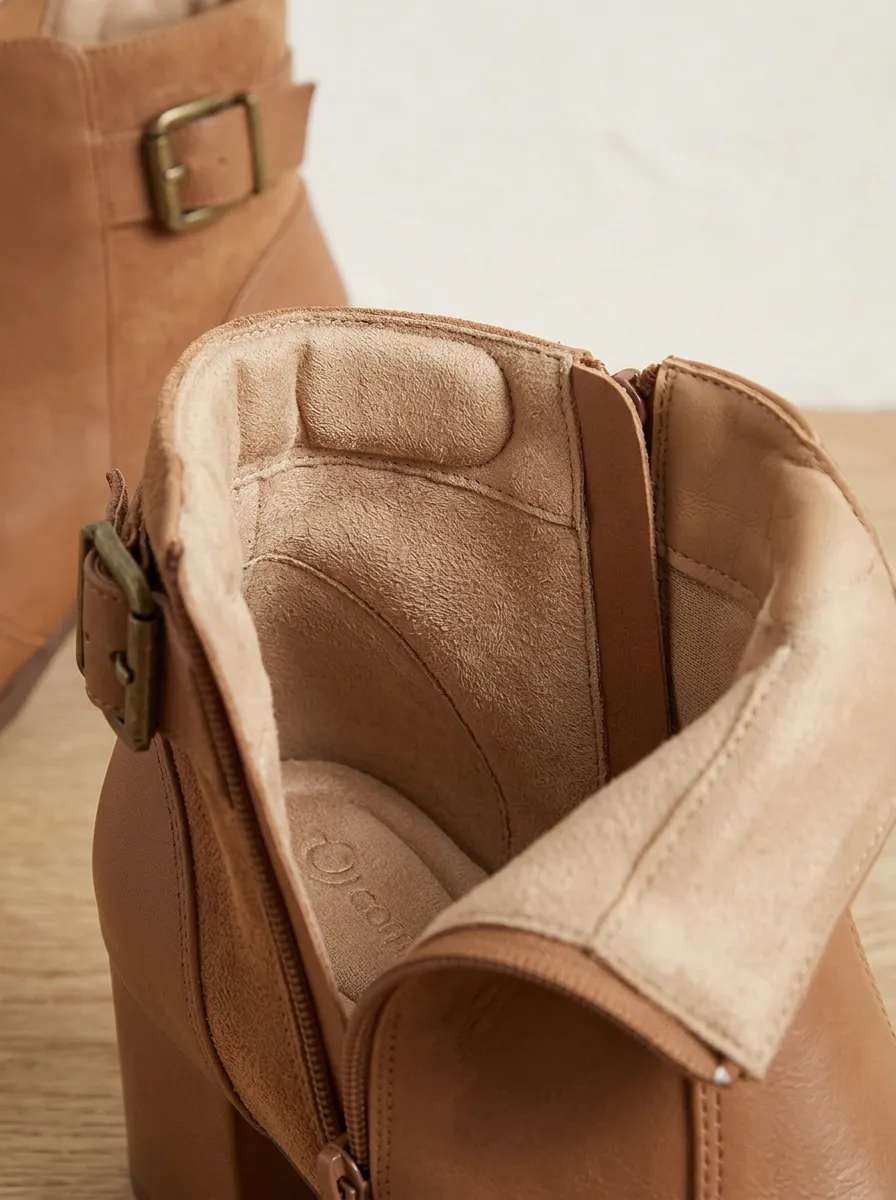 Buckle-Detail Leather-Look Women's Peep-Toe Ankle Boots