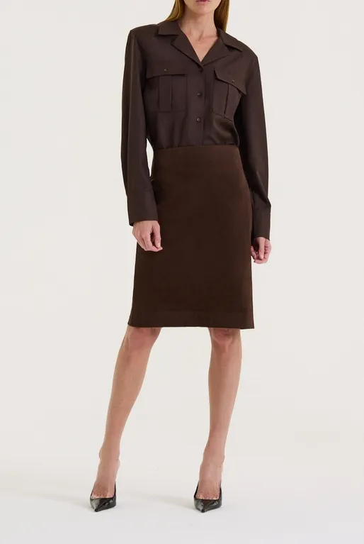Chocolate Suede-Effect Tailored Skirt