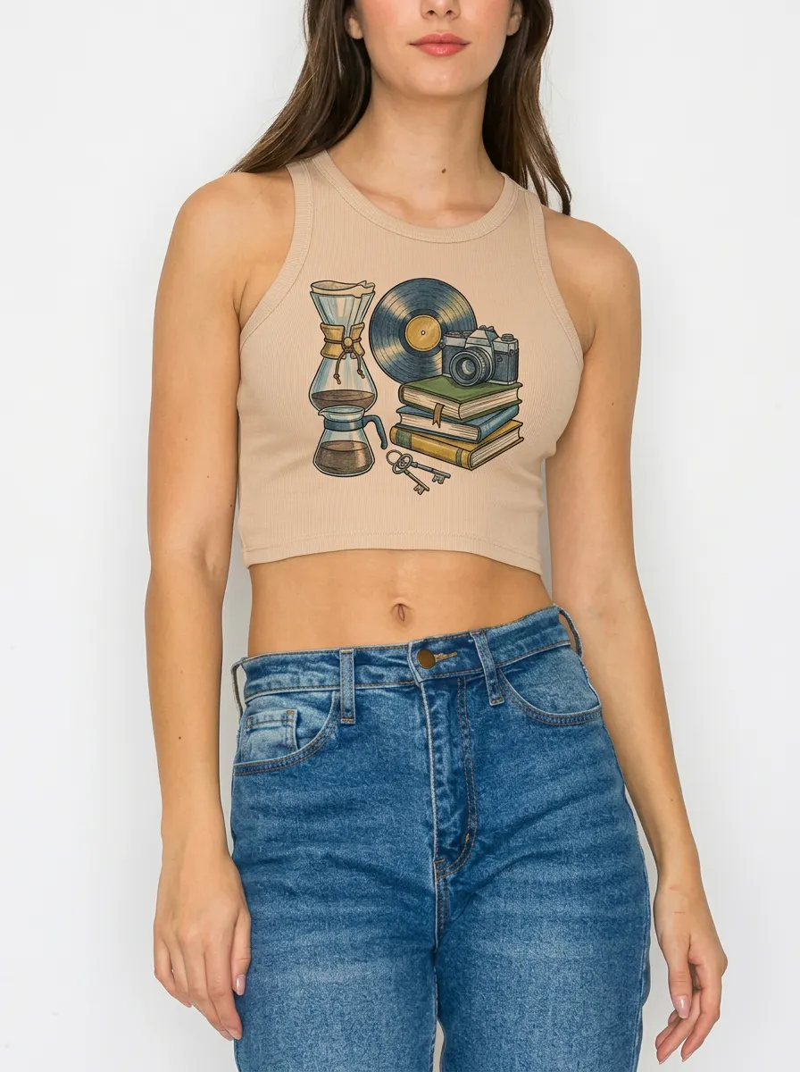 Women's Coffee Vinyl Camera Book Graphic Ribbed Crop Tank Top