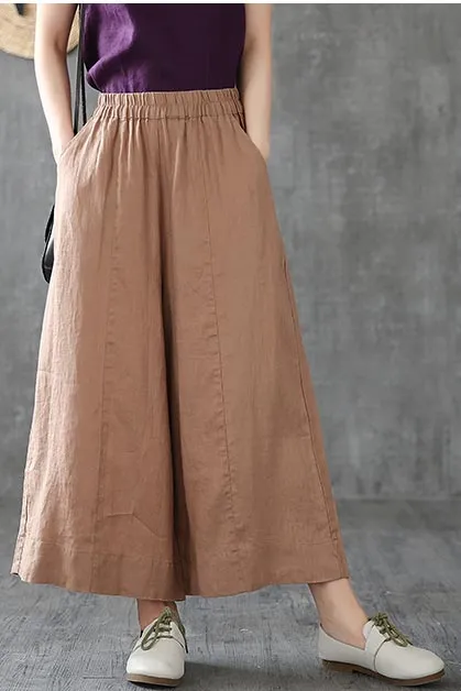 Tailored Linen Wide Leg Elastic Waist Pocketed Trousers