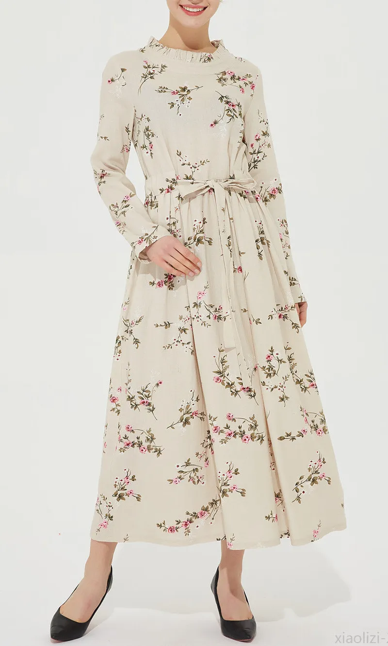 Floral Linen Long Sleeve Maxi Dress